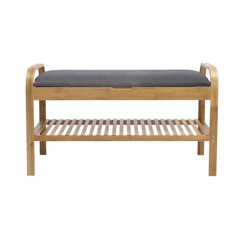 Mindy Shoe Storage Bench, Gray Polyester Seat, Walnut Brown Bamboo, 36 Inch