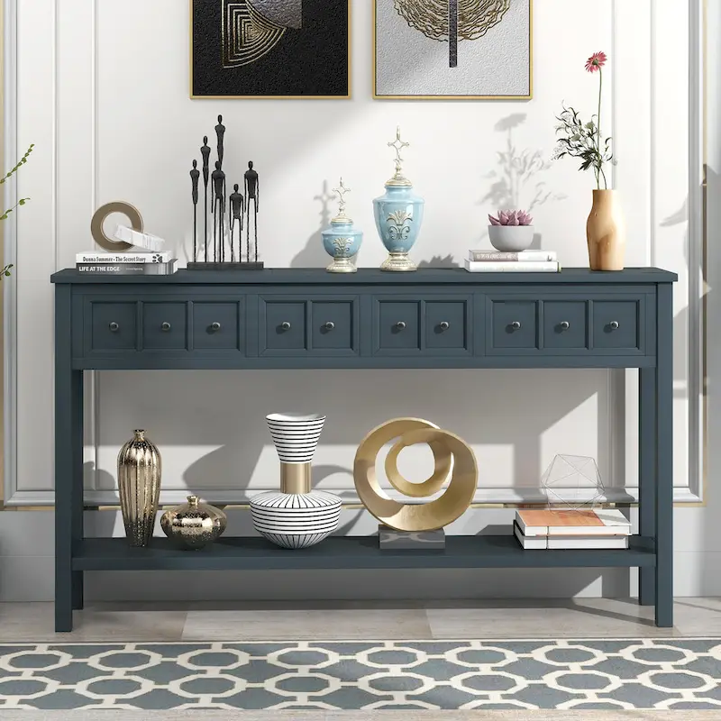 Rustic Entryway Console Table with Drawers and Bottom Shelf