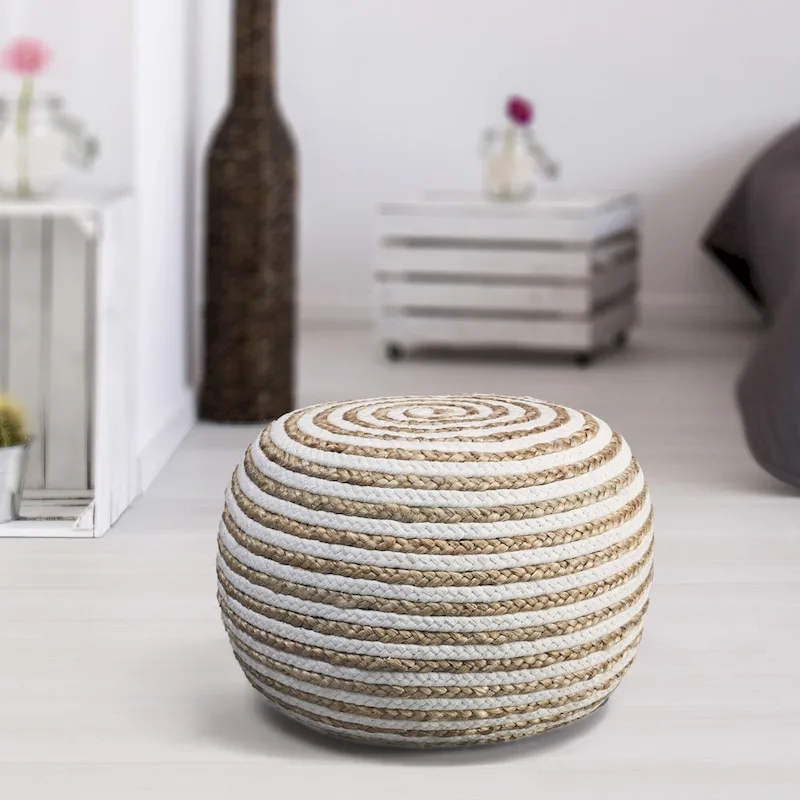 20 Tan and White Two Tone Hand Knitted Round Pouf Ottoman