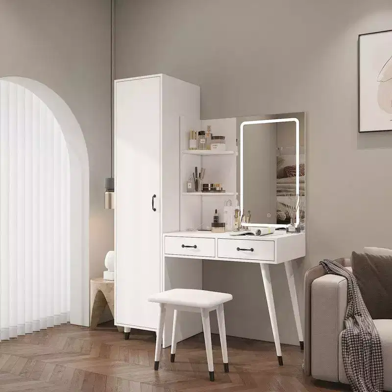 Karl Home White Makeup Vanity Table and Slim Armoire Wardrobe Set