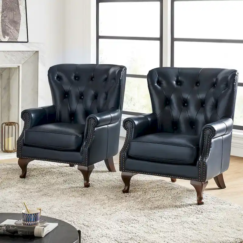 Gerhard Genuine Leather Armchair with Nailhead Trims and Removable Cushion Set of 2 by HULALA HOME