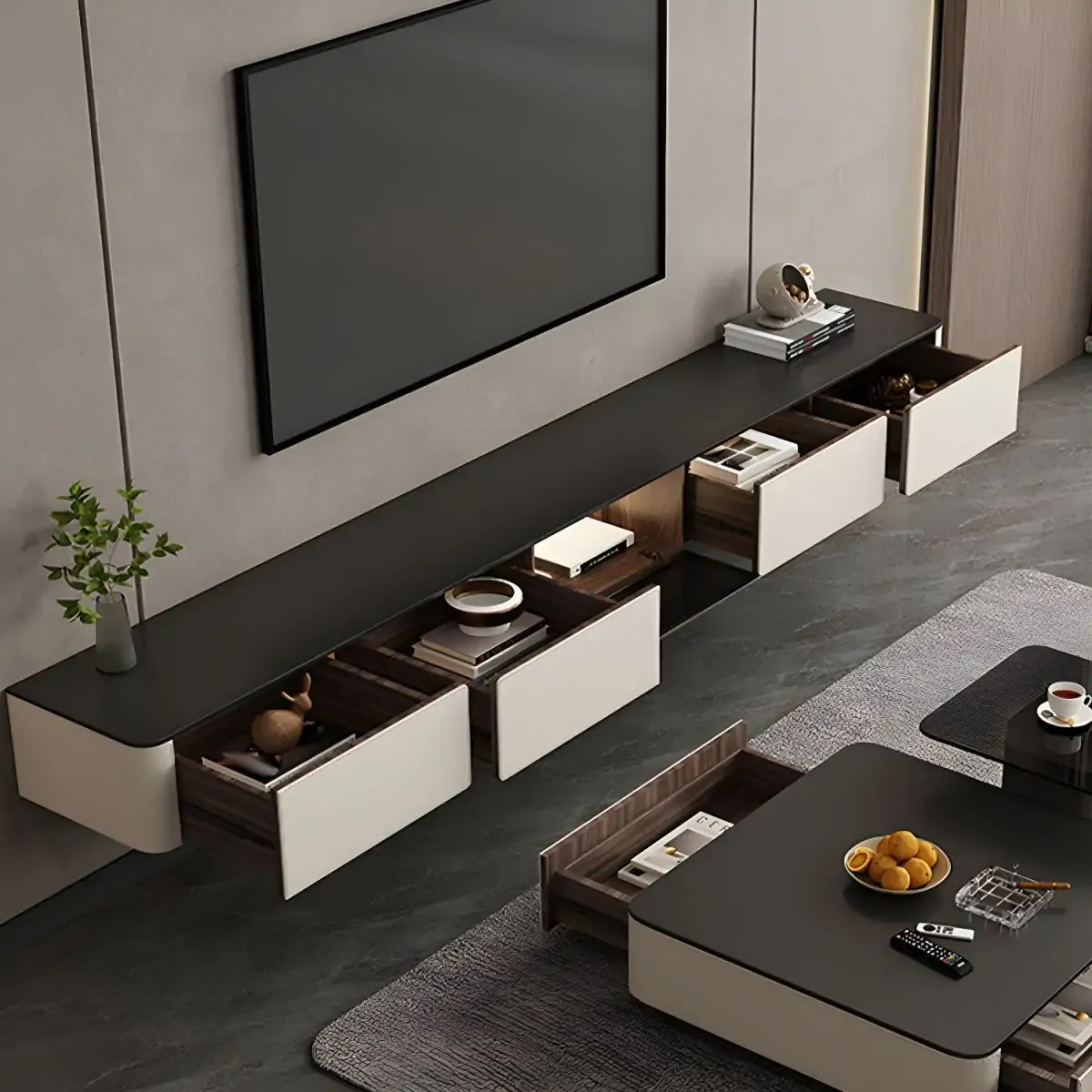White Modern Stone Floating TV Stand with Cable Management