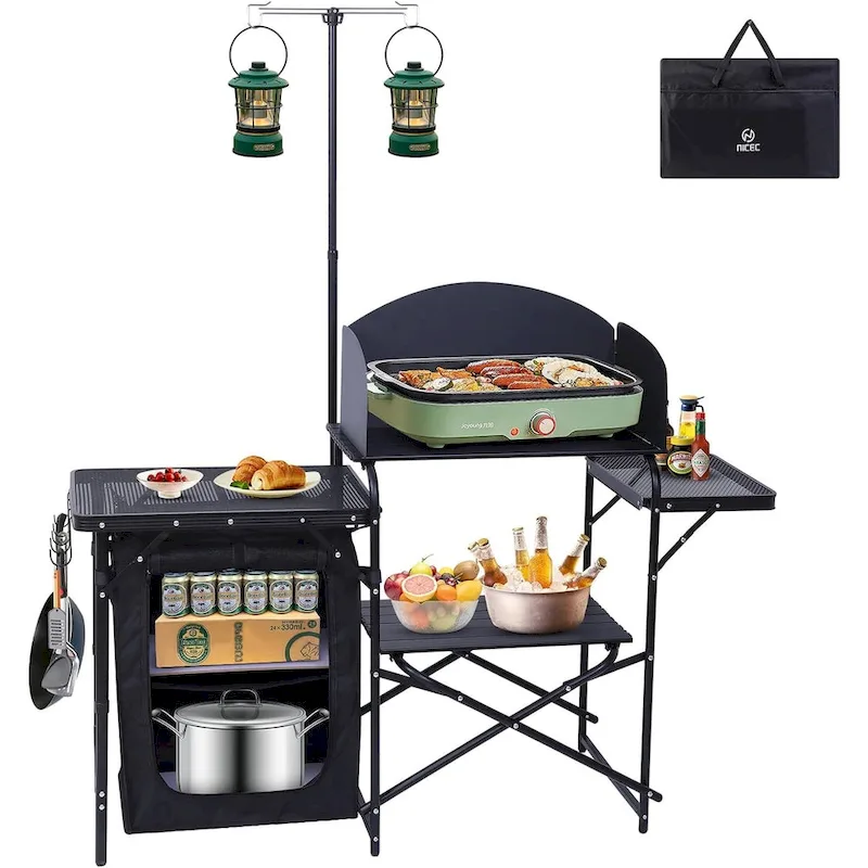 Camping Kitchen Station, Camping Table, Picnic Table, Grill Table Folding Table, Upgrade Light Stand & Windshield Cook Station