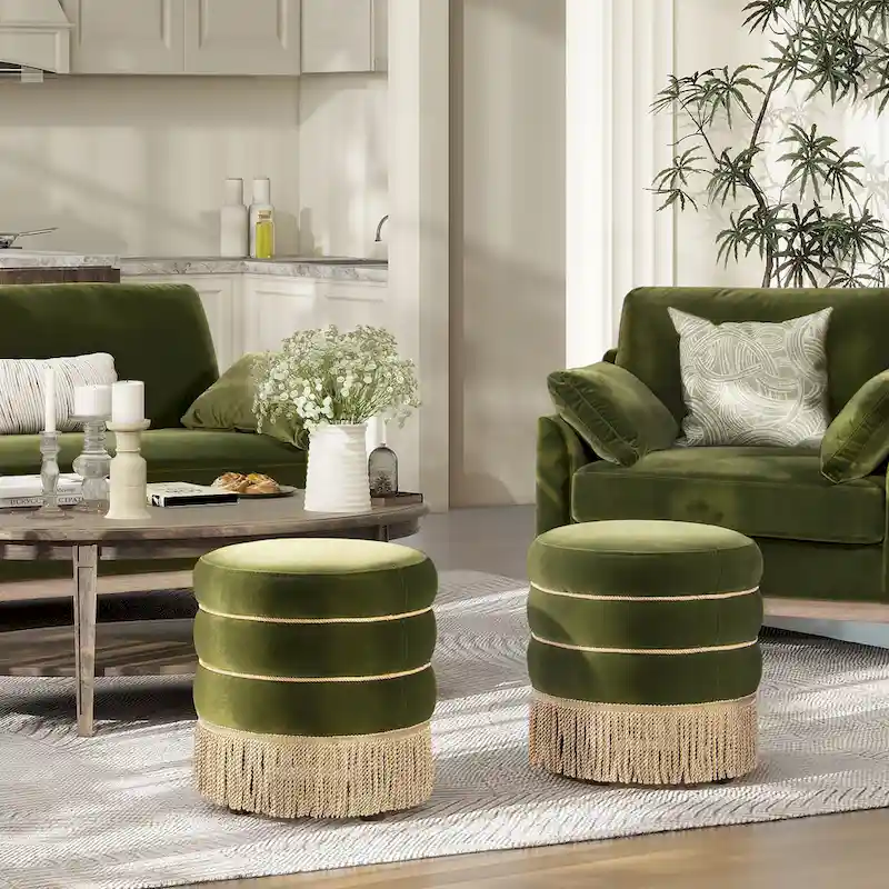 Edward 17.5 Round Upholstered Ottoman with Gold Bullion Fringe