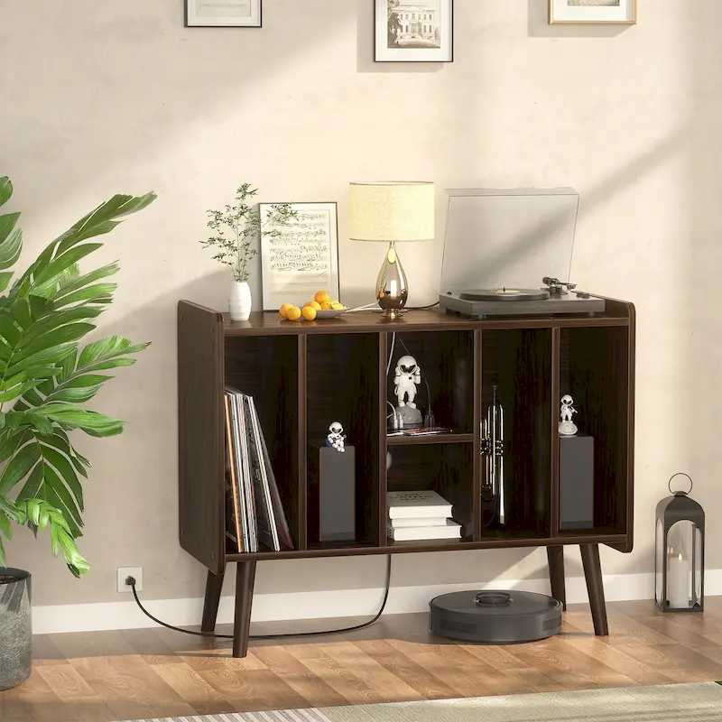 Record Player Stand with Power Outlet and USB Ports, Vinyl Record Storage Table,Vinyl Holder Display Shelf