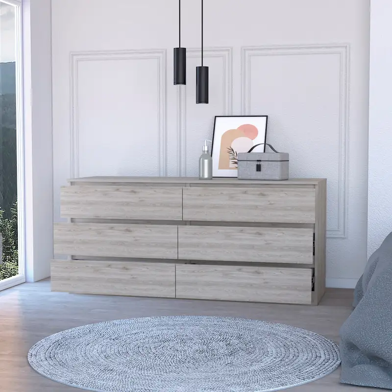 6-Drawer Dresser, Black/White/Light Gray/Light Oak, Metal Rails, Modern