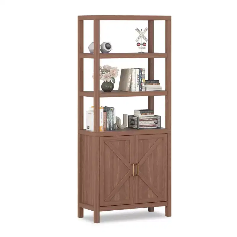 Rustic Oak Industrial 5-Tier Bookshelf with Cabinet and Drawer