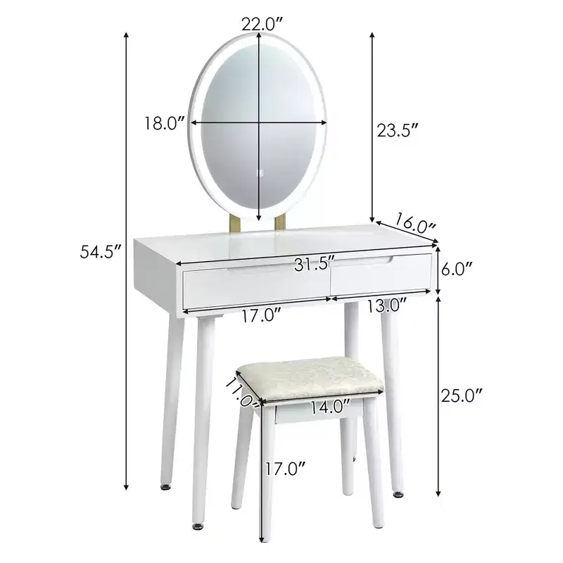 Costway Vanity Makeup Table Touch Screen 3 Lighting Modes Dressing Table Stool Set White\Black\ Gray