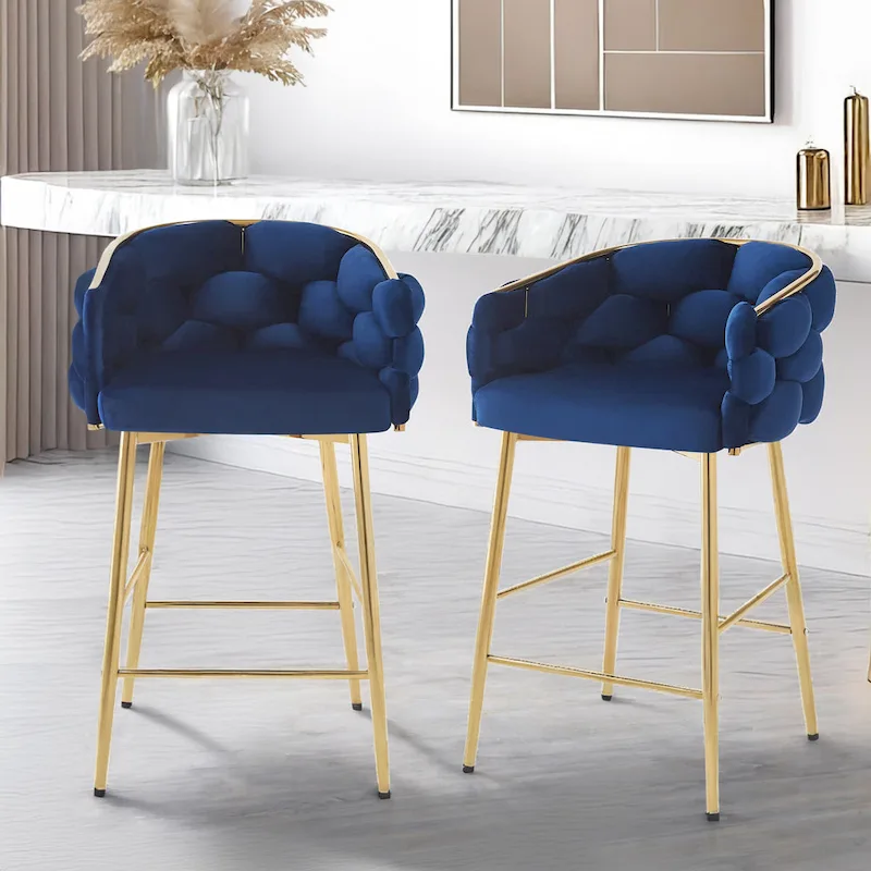 Set of 2 Bar Stools with Velvet Padded Seat and Metal Legs