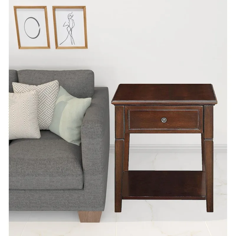 HomeRoots 24 Walnut Manufactured Wood Rectangular End Table With Drawer And Shelf - 22