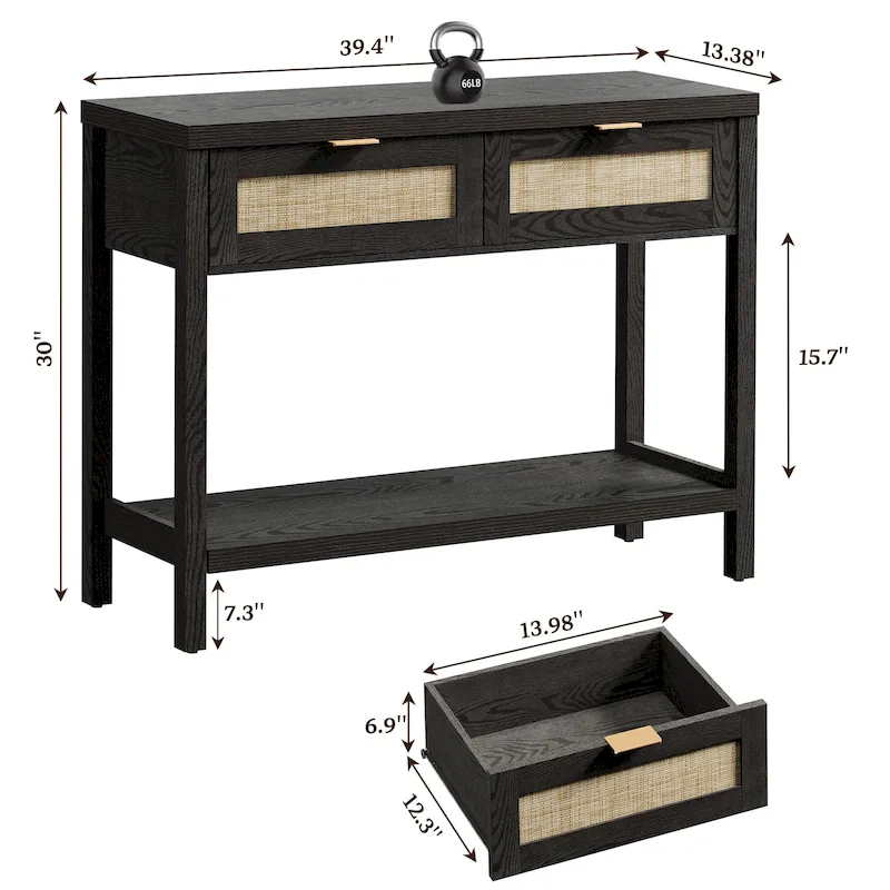 SICOTAS Rattan Console Table with 2 Drawers and Shelves - 30 x 39.4 x 13.8