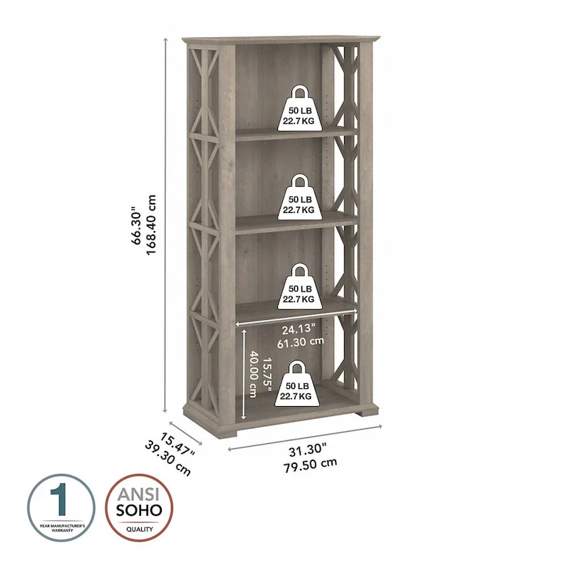 4-Shelf Bookcase in Linen White Oak / Driftwood Gray – 2 Adjustable Shelves