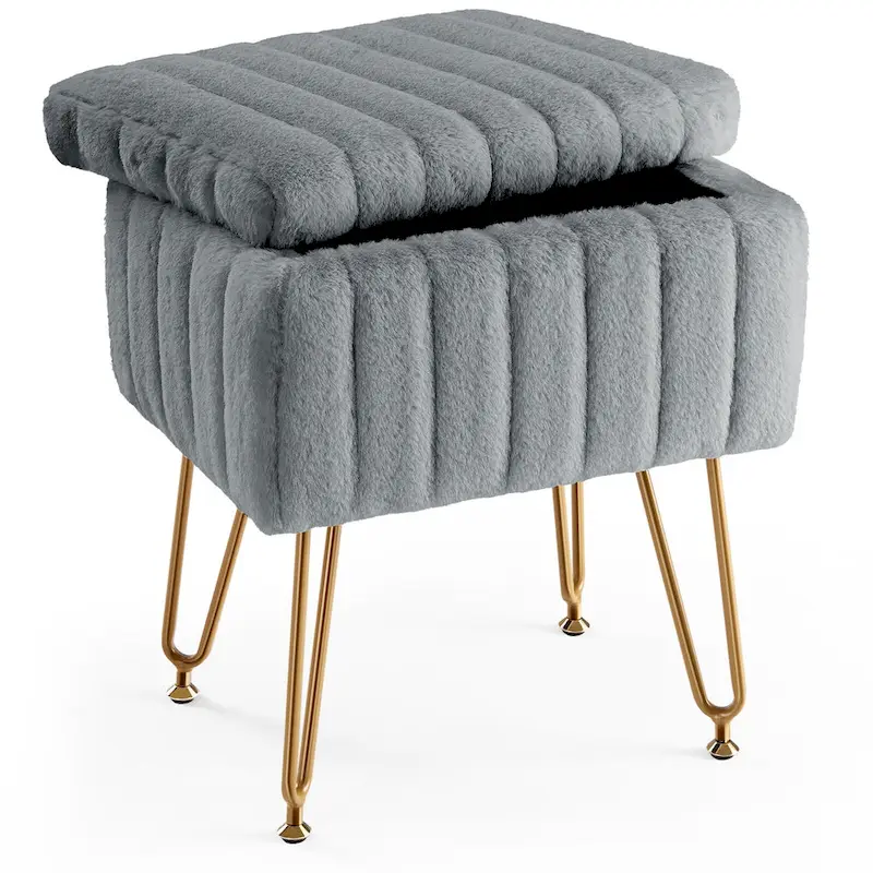 Vanity Stool Chair with Storage, Ottoman Faux Fur Soft Padded Makeup Footstools Seat with 4 Metal Legs Anti-Slip Adjustable Feet