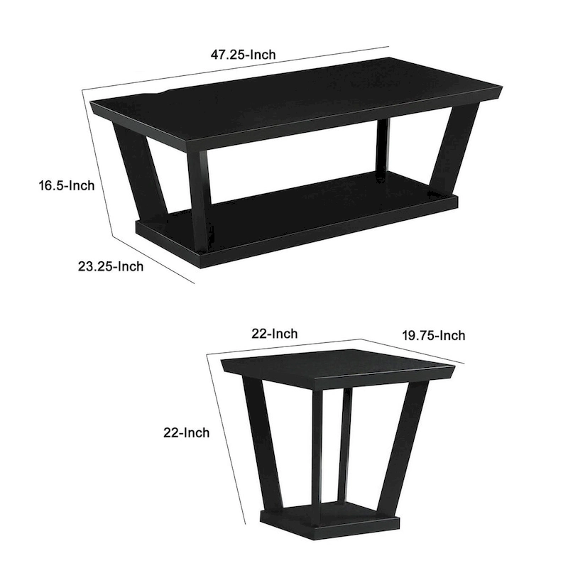 3 Piece Coffee Table Set, Angled Tapered Design, Black Rectangular Top