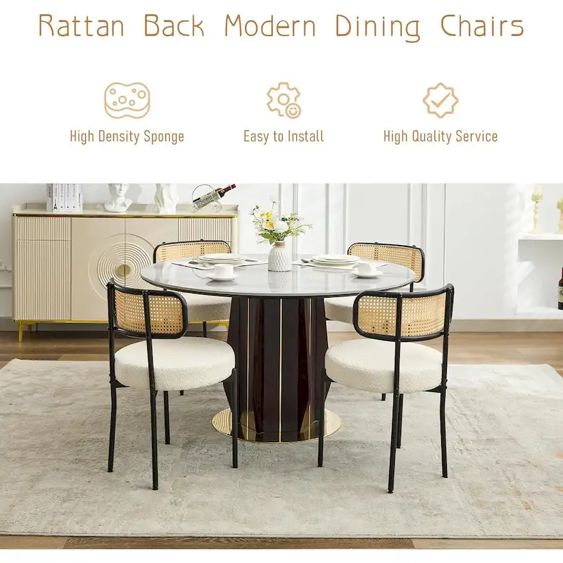 XINMICS Mid-Century Modern Dining Chairs, Boucle Upholstered Metal Side Chair with Rattan Cane Back, Set of 2 - set of 2