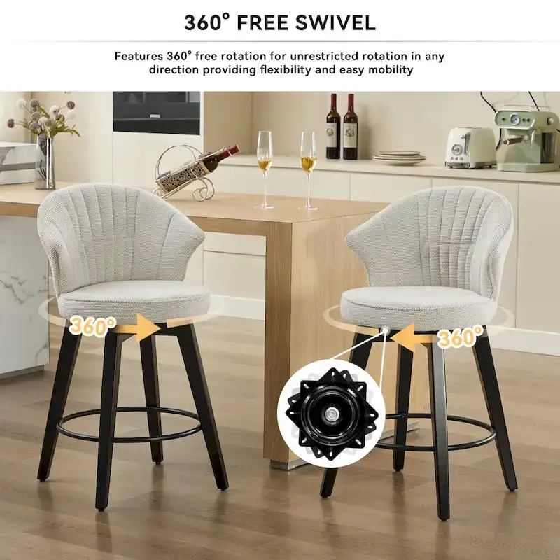 Swivel Bar Stools Set of 2, Upholstered Dining Room Chairs with Wide Backrest, Counter Height Chair with Metal Legs