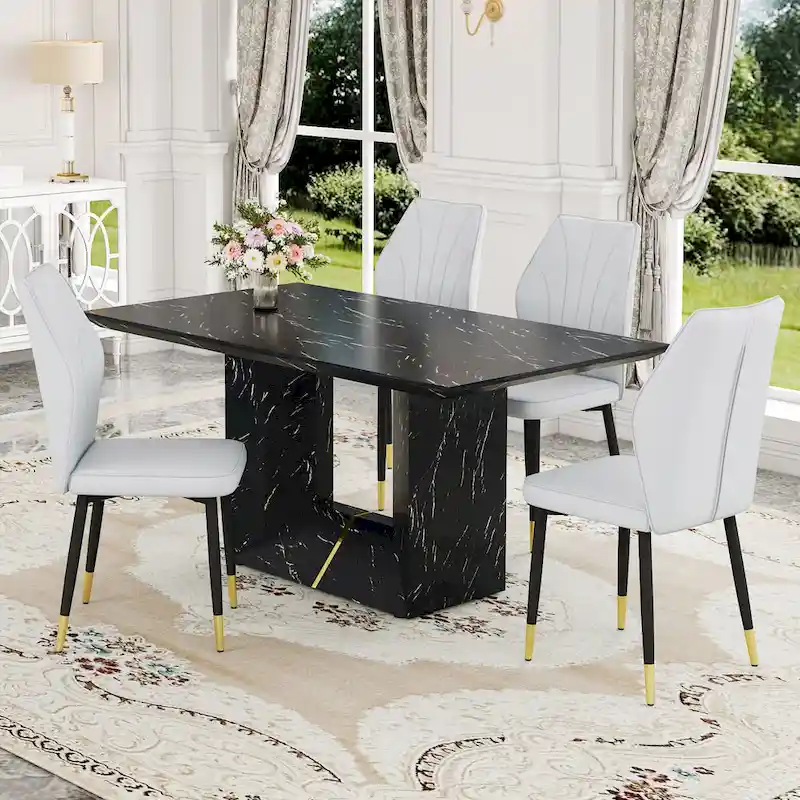 Black Marble Pattern Dining Set - 5 Piece with 4 PU Chairs (63
