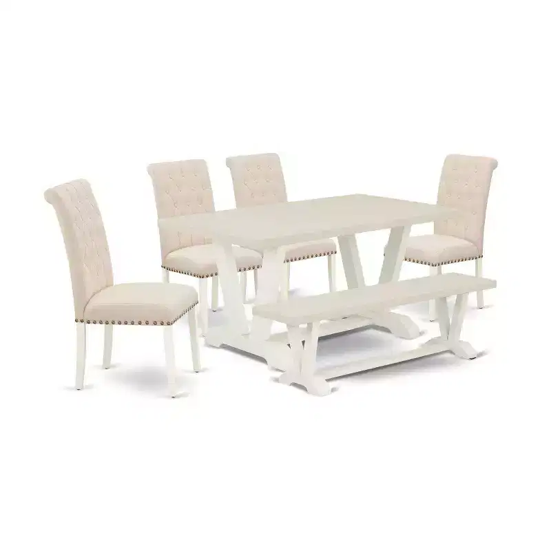 HomeStock 6-Pc Natural Oak Finish Solid Wood Top dining Table with 1-Bench and 4-Chairs