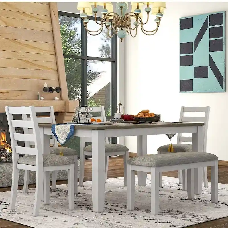 60 Farmhouse Rectangular Dining Table with 4 Upholstered Chairs and Bench