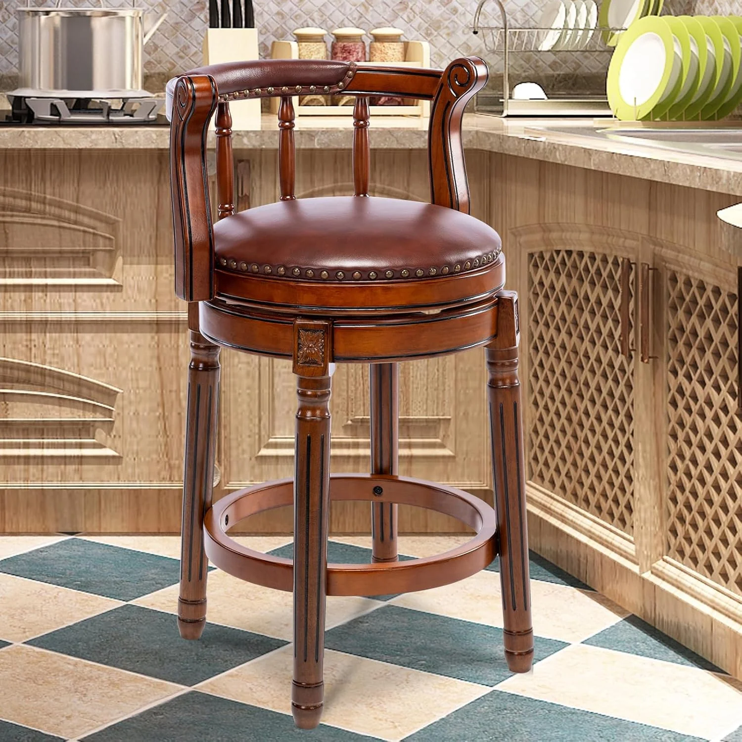 Swivel Counter Height Bar Stools in Genuine Leather & Walnut Solid Wood