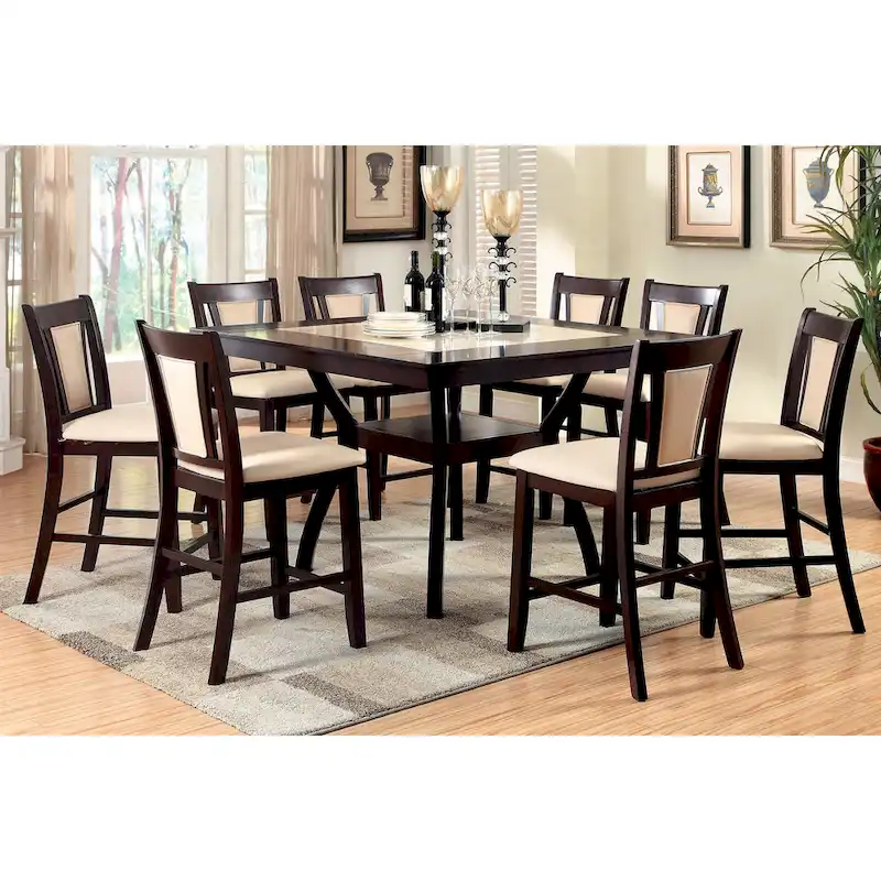 Newport Furnishings Contemporary Cherry Wood 9-Piece Counter Height Dining Set with Faux Marble Top