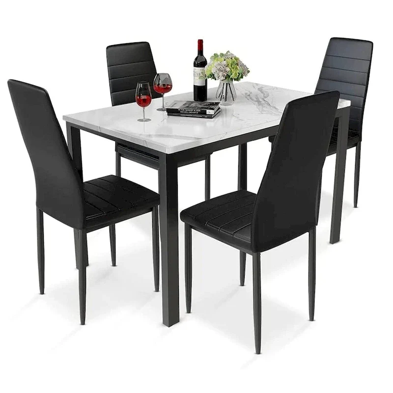 Mieres Modern Style 5-Piece Faux Marble Top Dining Table Set with 4 Faux Leather Upholstered Dining Chairs