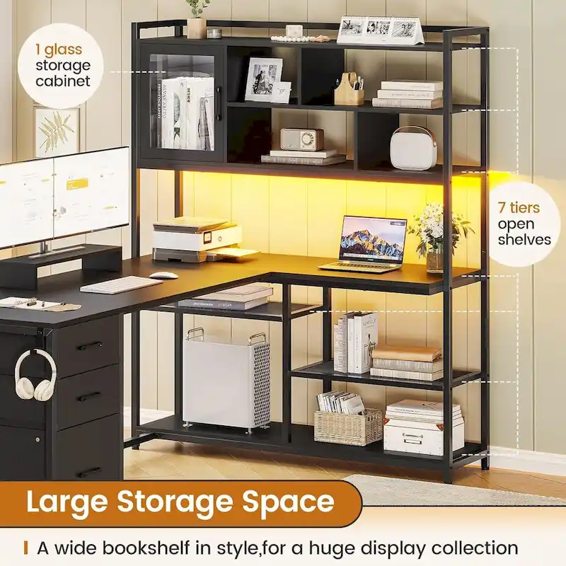 L Shaped Computer Desk 58 Office Desk with 3 Drawers and Bookshelf