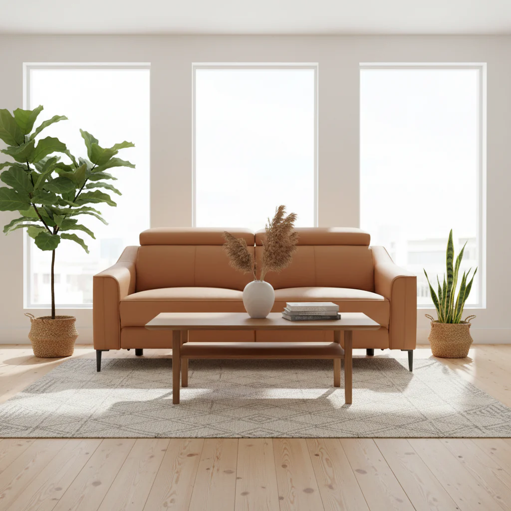 Modern Camel Leather Sofa With 2 Recliners