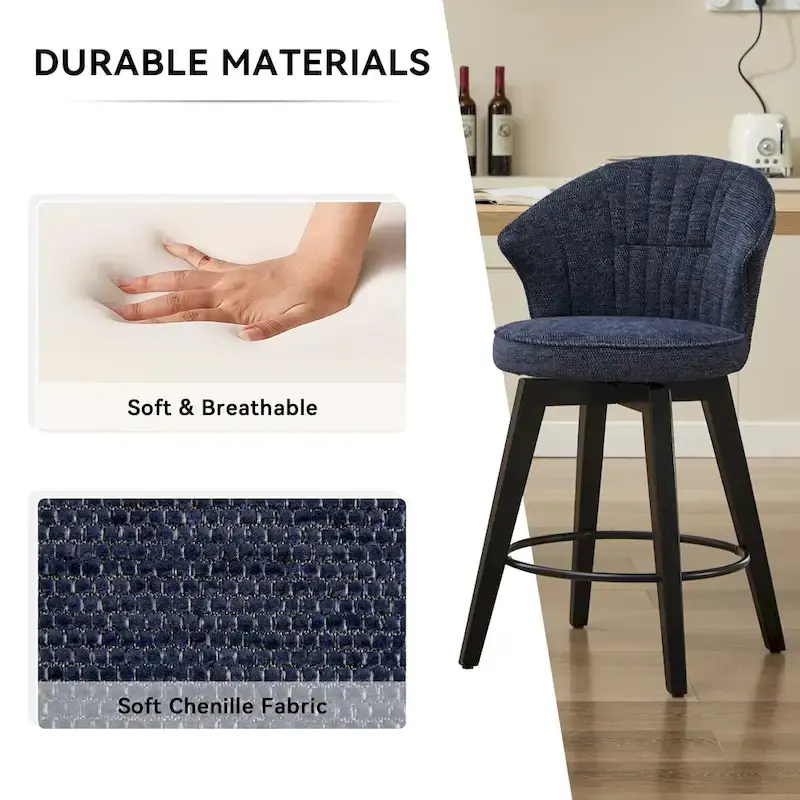 Swivel Bar Stools Set of 2, Upholstered Dining Room Chairs with Wide Backrest, Counter Height Chair with Metal Legs