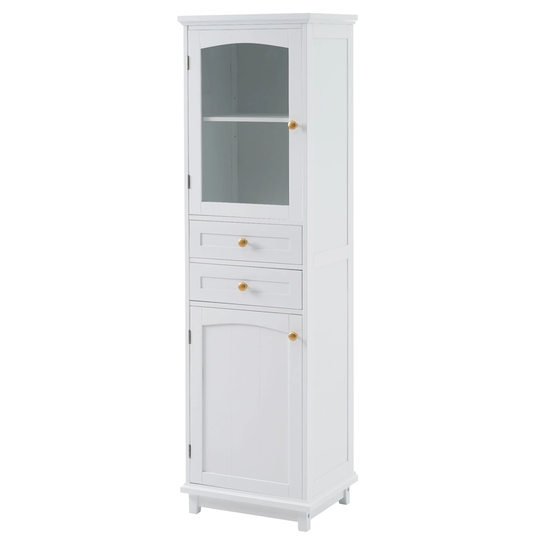 Tall Bathroom Storage Cabinet with Glass Doors Free Standing Cabinet with Two Drawers
