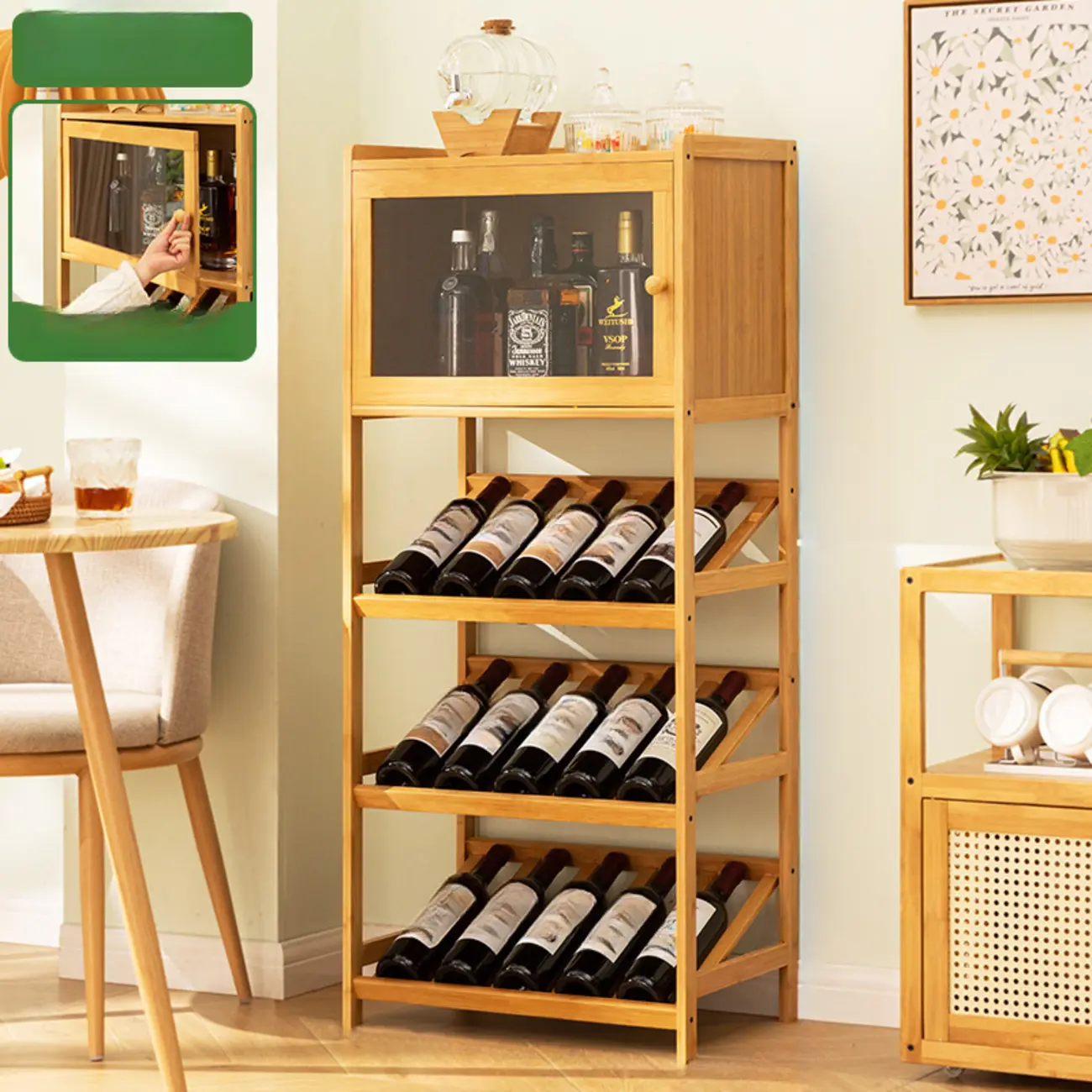 Rustic Freestanding Natural Wooden Wine Rack Cabinet