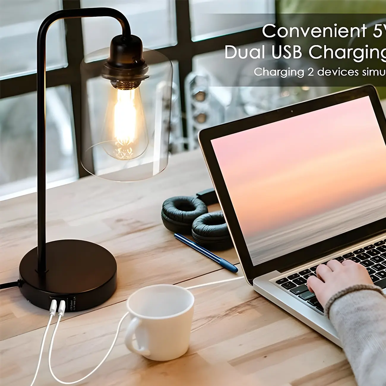 Simple Black Metal Glass Barrel Table Lamp with Touch Switch