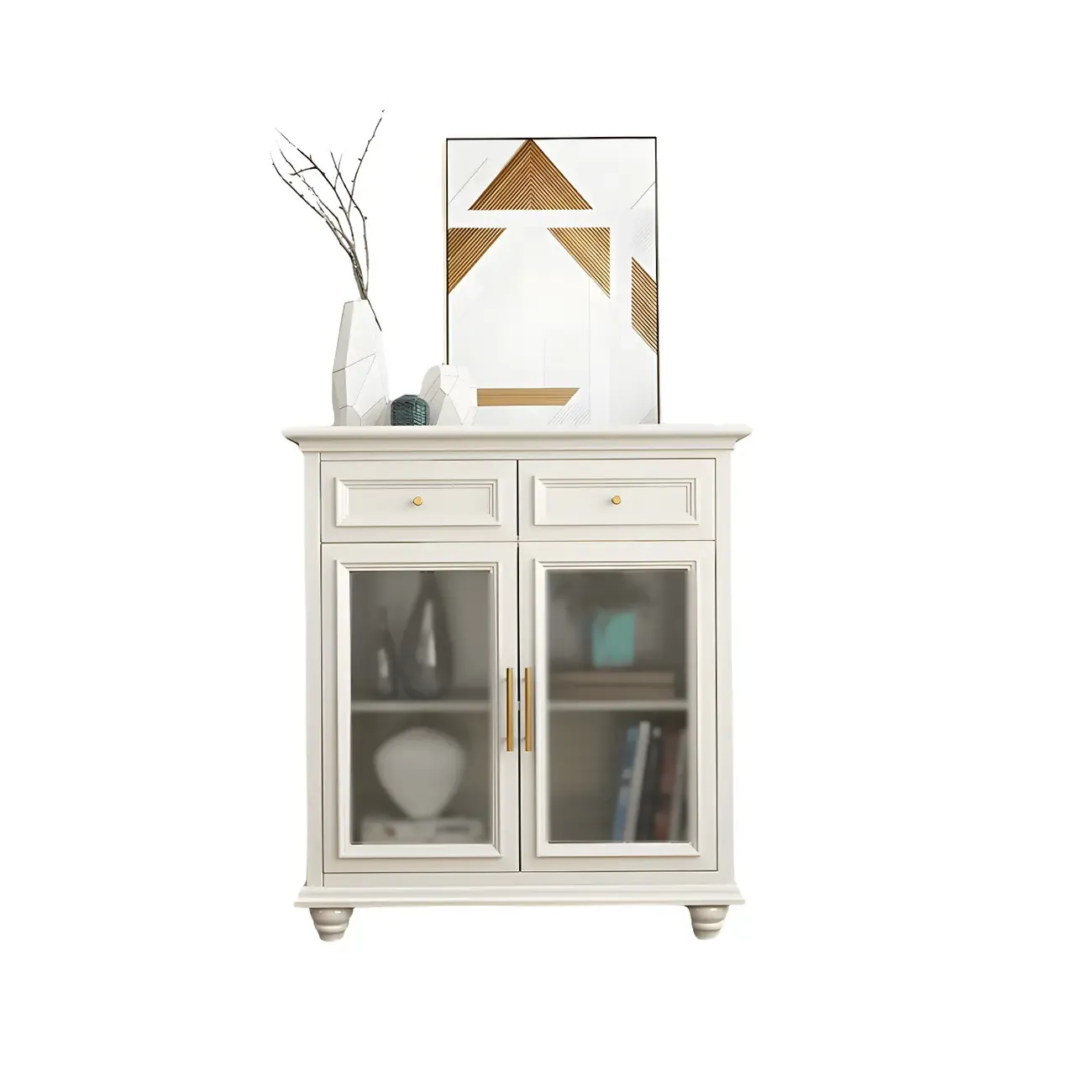 White Wooden Sideboard with 3 Drawers and Cabinets