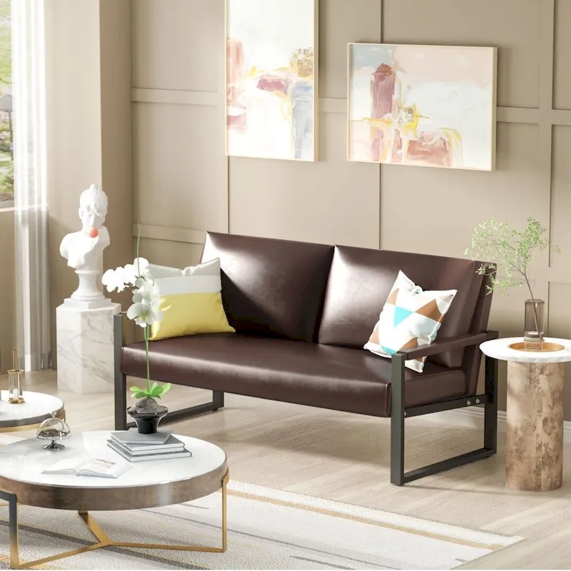 Mid-Century Style Faux Leather Loveseat Sofa with Steel Frame