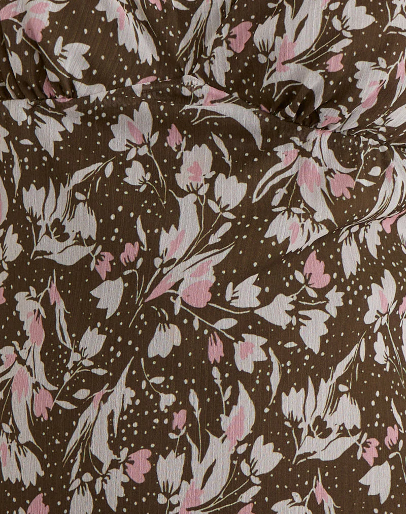Mariko Dress in Brown and Pink Polka Flower Chiffon