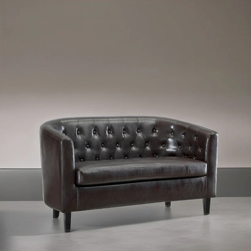 Midcentury Modern Button Tufted Faux Leather Barrel Loveseat - Comfy Tub Loveseat Sofa