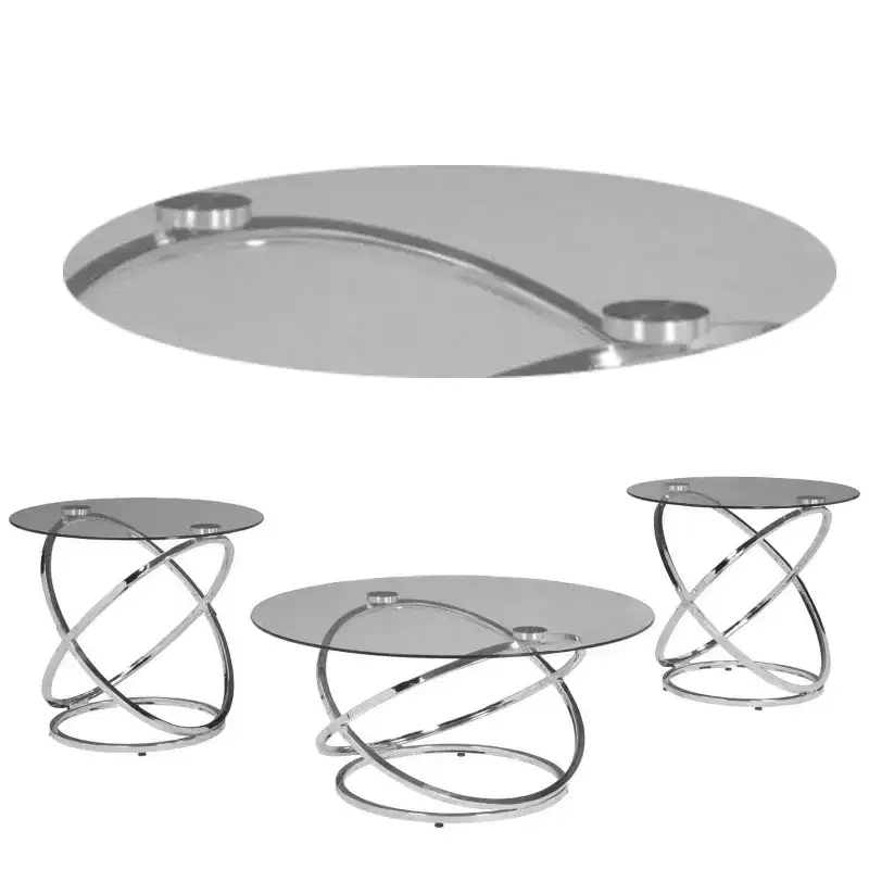 Royal Hampton 3-Piece Coffee and Side End Table Set | Round Glass Tops with Swirl Chrome Steel Bases