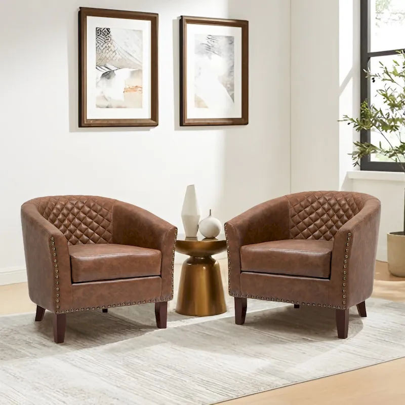 2 Set Vegan Leather Barrel Accent Chairs with Nailheads Trim