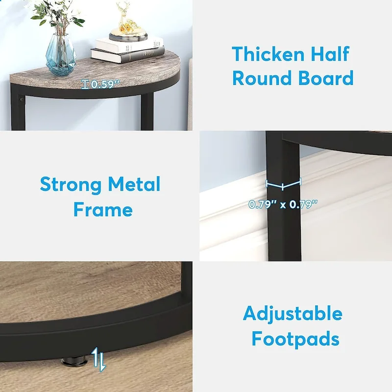 Half Round End Table, Narrow Side Table Slim C Table with Metal Frame