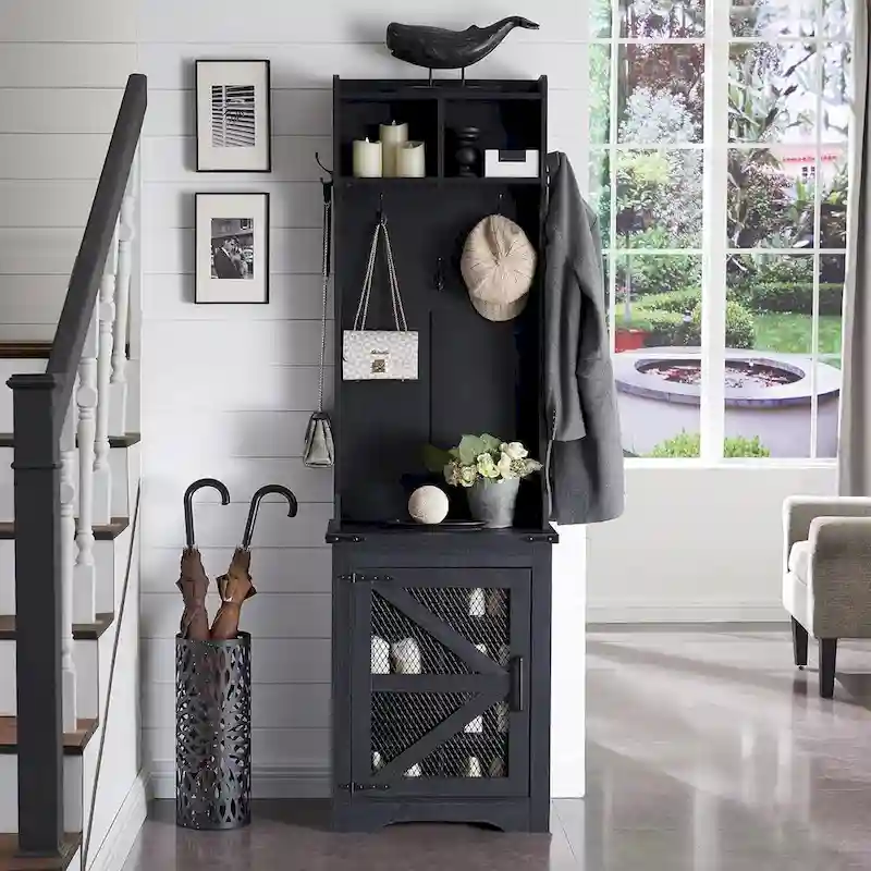 23 Wide Farmhouse Entryway Bench with Coat Rack, Hall Tree Cabinet