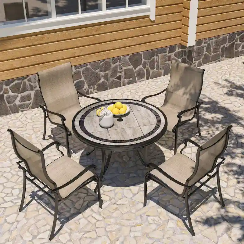 Cast Aluminum 5-Piece Outdoor Patio Dining Set with Ceramic Tile Top Round Table and Chairs