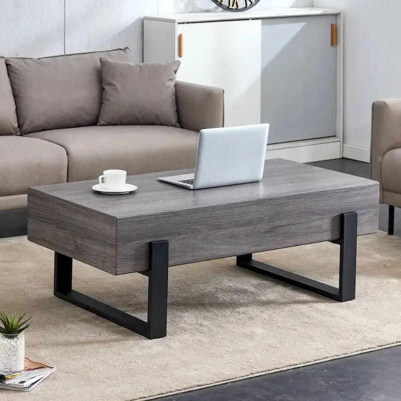 A Rustic Gray Wood Grain MDF Coffee Table With Black Metal Legs - An Elegant Space In Natural Wood Tones