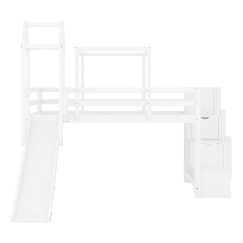 Twin Pine Loft Bed with Staircase, Slide, Tent, Tower, and Guardrail