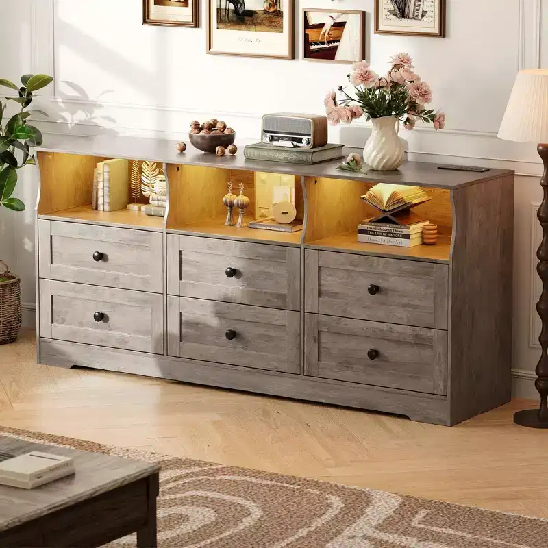 6-Drawer Dresser with RGB Lights & Power Outlet, Black / Gray / White