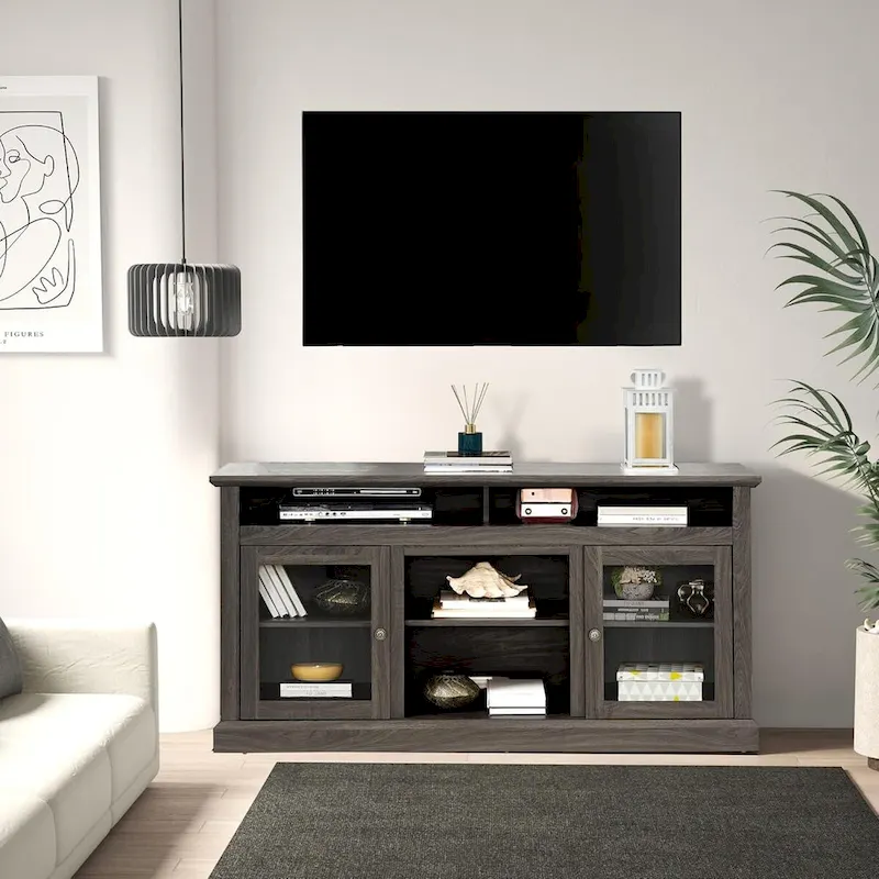 Contemporary TV Media Stand,  Entertainment Console, Up to 65 TV, Open & Closed Storage Space