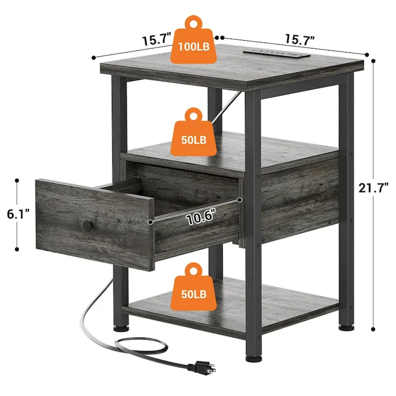 2-piece Farmhouse Wood End Table Drawers Nightstand with Charge Station - Set of 2