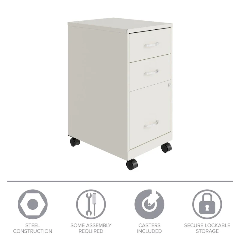 18 Deep 3 Drawer Mobile Metal Cabinet, Pearl White