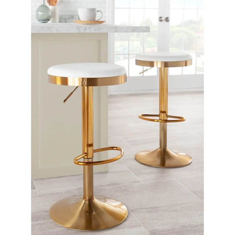 Gold Steel Barstool with Upholstered Seat - Set of 2 - Adjustable Height 23-31.75H
