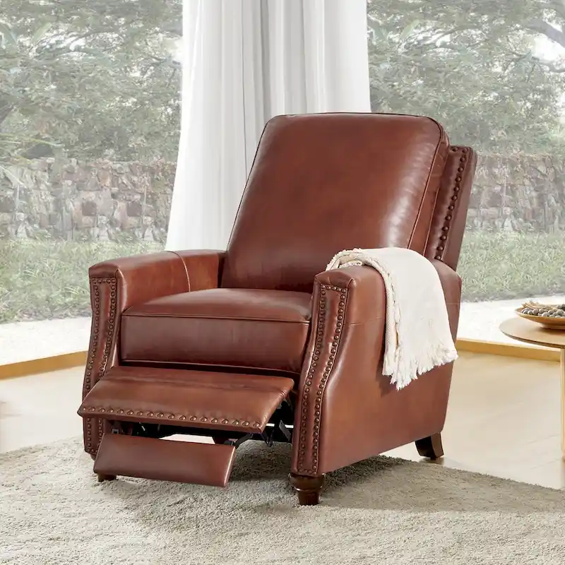 Cigar Mid-century Modern Genuine Leather Recliner with Nailhead Trim by HULALA HOME