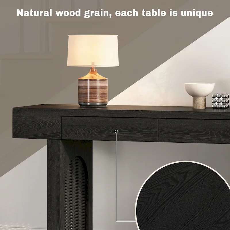 Narrow Console Table with Rattan Accent(Antique Black)